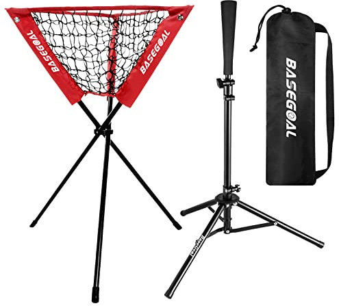 BaseGoal Baseball-Caddy, Ball-Caddy, Baseball-Korb mit Schlag-T-Shirt und Topper Ersatz für Baseball, Softball, Schlag, Pitching Übung, tragbar und faltbar (rot)