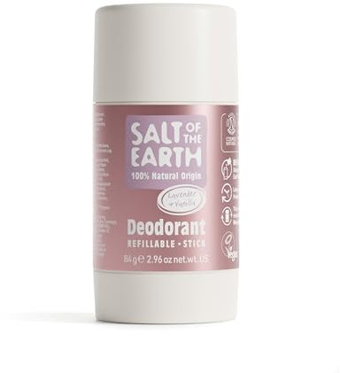 Desodorante natural en barra Salt of the Earth, lavanda y vainilla: vegano, recargable, certificado por Leaping Bunny, fabricado en el Reino Unido, 84g