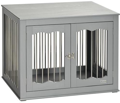 PawHut Dog Crate End Table with Three Doors, Furniture Style Dog Crate with Interchanged Side Door, for Medium Dogs, Indoor Use w/Locks and Latches - Grey