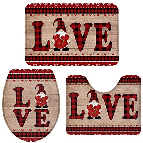 Set 3 Teilig Badvorleger EIN Süßer Gnom, Der Romantische Rosen Auf Braun Hält Wasserabsorbierend Bade-Matte+Kontur+Wc-Deckelabdeckung Langlebige Badezimmer Teppiche Set 3 Stück Für Badewanne