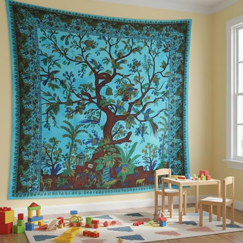Craft Trade Blau Baum Wandteppich Indische Wandtuch Tapestry Wandbehang Boho Wandteppiche für Heimdeko Wohnzimmer und Schlafzimmer - 213 x 228 cm