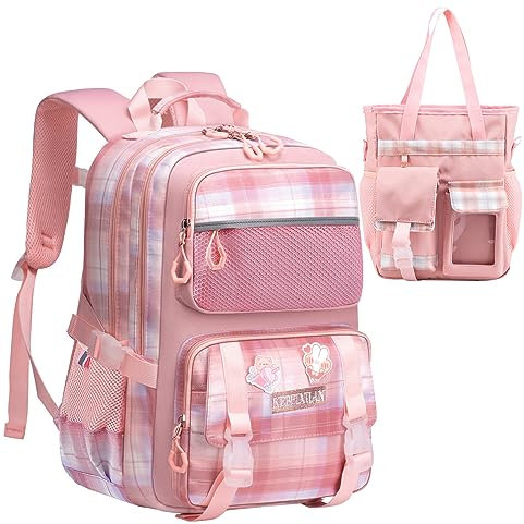 KEBEIXUAN Rucksack Mädchen, Schultasche Mädchen 1.-5. Klasse, Atmungsaktiv Schulrucksack mit Pom-Pom-Anhänger und Brustgurt