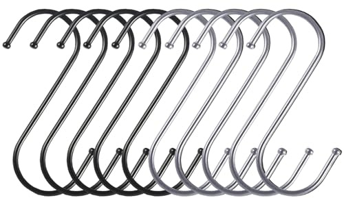Anzhee Ganchos en S para colgar utensilios de cocina, paquete de 10 ganchos resistentes en forma de S, ganchos de metal de acero inoxidable para baño, dormitorio, oficina