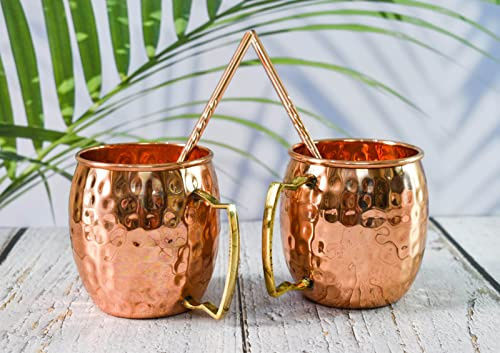 India House– Moscow Mule 16 oz koppset | Cocktail koppset | 100 % koppar med mässing handled | kopparglas | party gåva set med 2 hammered mugg – mässingshandtag (2 coaster, 2 straw fria))