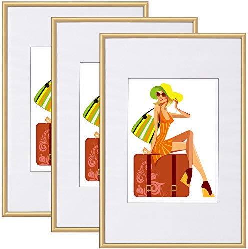 WOLTU Bilderrahmen 13x18, 3er set, Kunststoff Fotorahmen mit Passepartout | Gold, Posterrahmen New Lifestyle für Poster, Fotos, bruchsichere PS-Platte, aufhängbar u. aufstellbar, Collage-Wanddeko