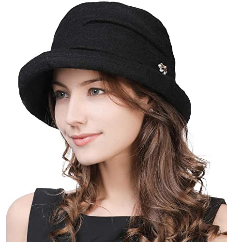 Fancet Damen Wolle Eimer Hut Winter 1920er Vintage Cloche Bowler Hut Modische Derby Kirche Hüte für Frauen, 16060_Black, L