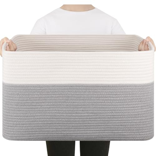 SIXDOVE 75L Large Blanket Basket, Toy Basket Bin for Kids, Cotton Rope Woven Storage Baskets for Living Room, Bedroom, Nursery, Baby Room Decorative Organizer, 22''×17''×12'', Grey and White