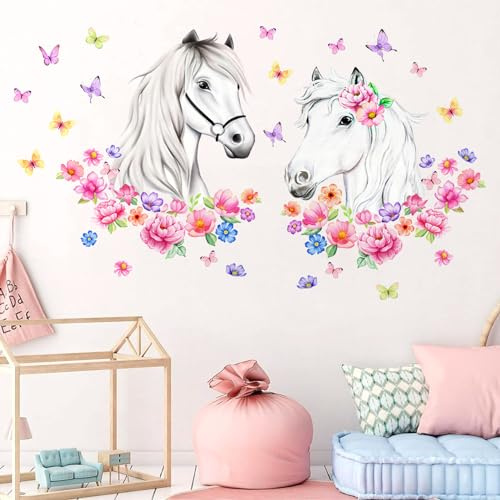 Idota Wandtattoo Pferdekopf Selbstklebende Wand Tattoo Blumen Schmetterling | DIY Wandtattoo Kinderzimmer Schöne Deko Wand Tattoo Pferde Mädchen für Geburtstagsfeiern/Schlafzimmer/Wohnzimmer