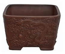 Bonsaischale Drachenmotiv feuerbraun 21cm x 21cm x 13cm mit Drainage und Manufakturstempel
