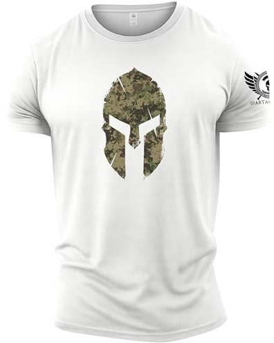 GYMTIER Spartan Helmet Woodland Camo - Spartan Forged - Men's Gym T-Shirt - Bodybuilding Workout Top
