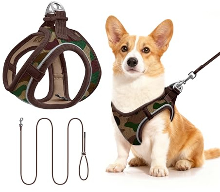 Hundegeschirr mit Leine 255cm M Set, Reflektierend (Camouflage) | Brustgeschirr Für Mittelgroße Hunde, Atmungsaktives Mesh Gewebe, Anti-Ausbruch, Spaziergang