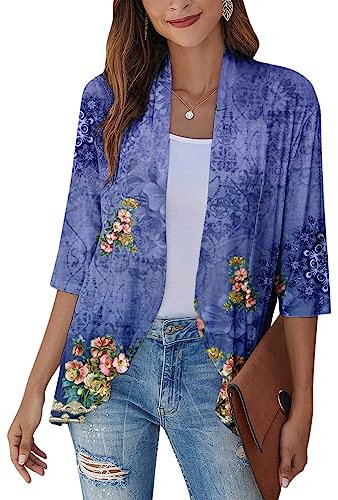 SCBFDI Giacca Donna, Cardigan Kimono da Donna Cardigan Floreale Con Maniche a 3/4 Spolverino Aperto Sul Avanti Volant Drappeggiato Elegante Coprispalle Estivo, Maglie Eleganti da Cerimonia
