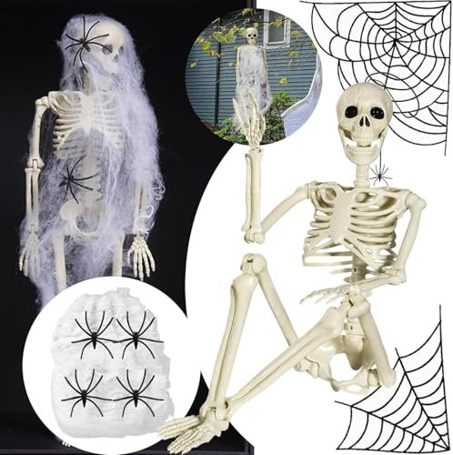 Halloween Skelett, Skelett mit Spinnennetz und Spinne 40 cm Halloween Plastikskelet Skelett mit beweglichen Gelenken für die Beste Halloween Dekoration
