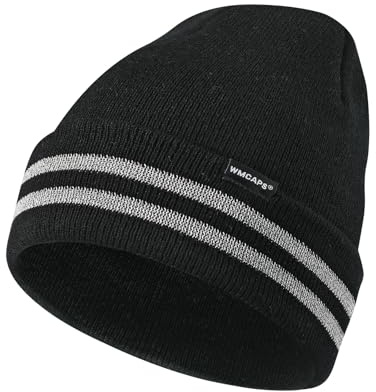 Wmcaps Mütze Herren mit Reflektierendem Streifen, Wintermütze für Damen | Reflektorstreifen, elastisches, warmes Acryl, zum Radfahren, Gassi gehen, Laufen, für Bauarbeiten