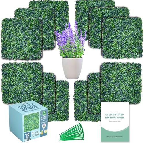 MOVASEE Pflanzenwand künstlich - 12 Stück künstliche Pflanzen Wandpaneele Buchsbaum (je 51 x 51 cm) - Vertikaler Garten - Balkon Sichtschutz - Wanddeko für Innen und Außen