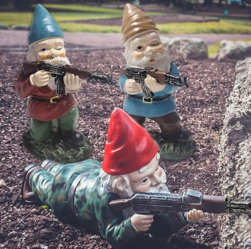 3PCS Garden Gnomes with Gun, Gnome Soldiers Military Army Garden Gnome, Tactical Statue for Indoor Outdoor, Patio, Yard, Lawn Ornaments, Home Décor