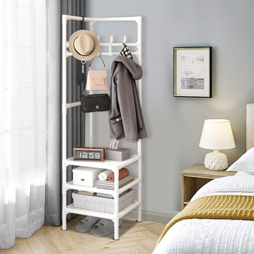 CUCKQUIC Retro-Eckgarderobe,Kleiderständer, Garderobenständer Mit 3 Ablagen, Garderobe Mit 4 Haken, Multifunktionales Design, Geeignet Für Kleidung, Hüte White,Three Layer