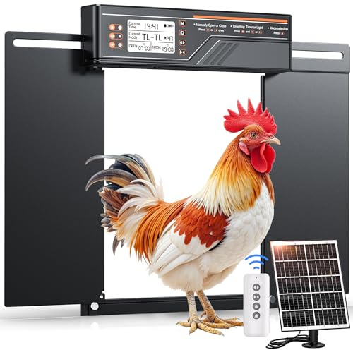 Porta Automatica per Pollaio Grandi Dimensioni, 4 Modalità | Porta Pollaio Automatica Alluminio con Pannello solare da 7 W, con timer e sensore di luce, Ampio display LCD, con telecomando (Nero)