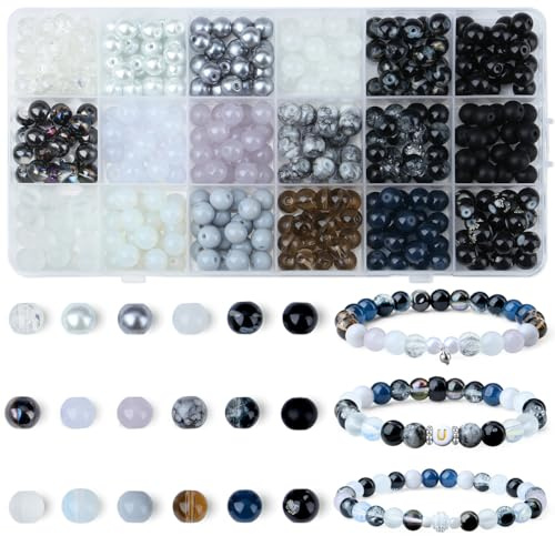 AWARDSEN Black Glass Beads for Bracelet Making 360pcs | 8mm Round Bracelet Beads for Jewelry Making, Black Crystal Beads for DIY Crafts, Necklace Earrings Phone Charm Making Kit