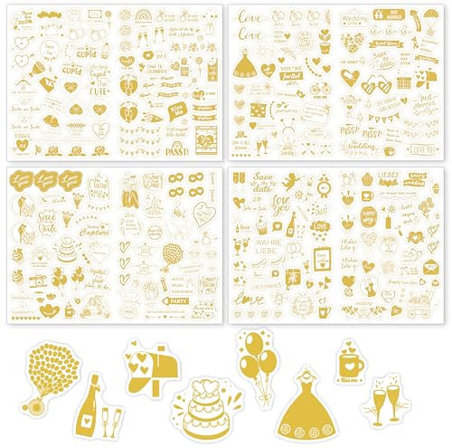 Sticker Hochzeit Gästebuch Golden-269 Motive, Vintage Aufkleber für Gästebuch oder Fotoalbum mit viel Liebe,Perfektes Sticker Set für Fotoalbum (Deutsch&Englisch)