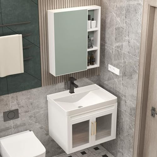 YUGXTH Bagno Lavabo, Lavello in Ceramica, Lavabo in Ceramica con Mobiletto A Specchio, Mobile da Bagno con Montaggio a Parete, per Casa Cucina Patio Lavanderia
