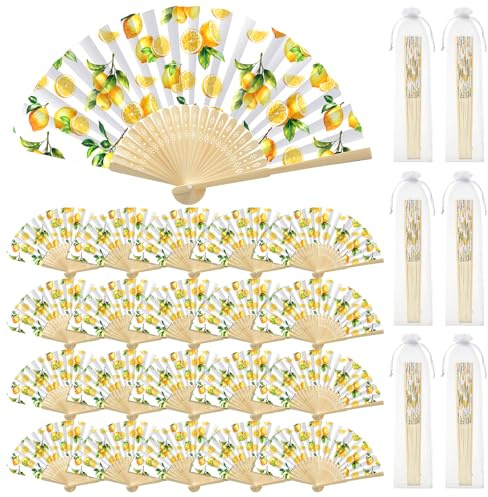 Weysat Faltbare Handfächer mit Organza-Beuteln, Zitronenmotiv, 24 Sets
