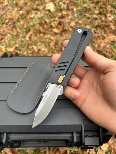 Amacigana Navaja de Gravedad cuchillos de gravedad CPM154, Funda de Cuero Incluida y Diseño Compacto (negro)