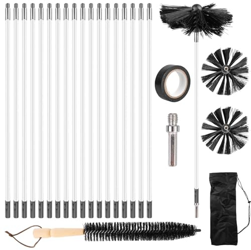 Set di 24 spazzole per camino, spazzola per camino, spazzola per la pulizia del camino, set con 18 aste flessibili da 410 mm + 2 testine da 150 mm + 1 spazzola lunga in legno + accessori, per camini