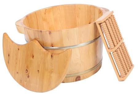 Happyyami Bañera de Madera Cubo Práctico para Pies Tapa y Masajeador Gran Capacidad Filtración de Agua para Lavado de Pies en Casa