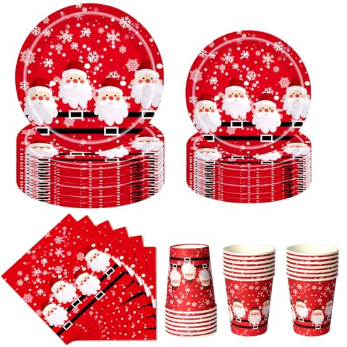 Nkaiso Weihnachten Pappteller Set, 50 Stück Weihnachtsfest Partygeschirr Deko Set mit 10x 23 cm & 10x 18 cm Weihnachtsteller, 10 Pappbecher, 20 Servietten – für 10 Gäste