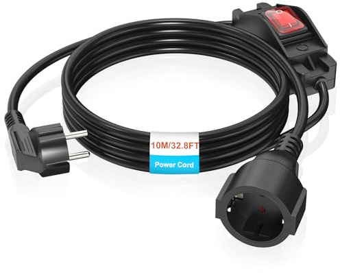 Schutzkontakt Verlängerungskabel 10M, Verlängerungskabel mit Schalter, 3 x 1mm² Schuko Verlängerungskabel für Schlafzimmer, Zuhause, Büro (250V/16A)