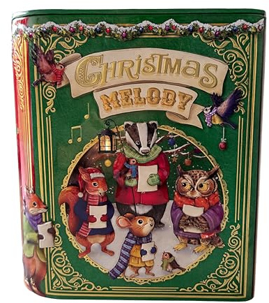 POWERHAUS24 Weihnachtsmelodie Blechdose in Buchform dekorative Geschenkdose mit hochwertig geprägtem Motiv für Teebeutel, Plätzchen, Kekse & mehr, 18 cm x 15 cm, lebensmittelecht, Farbe: Grün