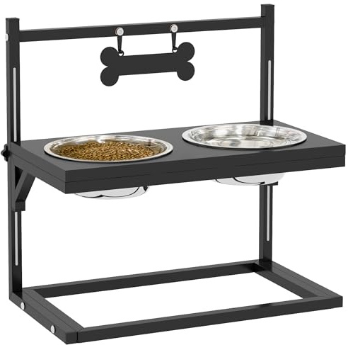 PawHut Gamelles Surrélevées Chien Porte-Gamelle Ajustable 11 à 33 cm Noir | 2 Bols Amovibles en Acier Inoxydable, Plaque Motif Os