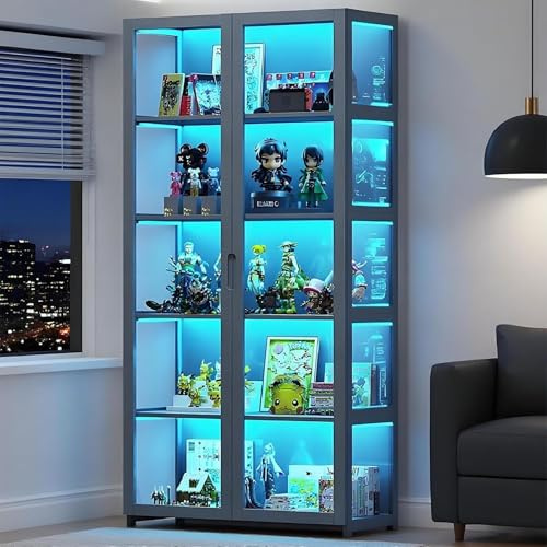 Scribora Standvitrine mit Acrylglas, 5 Böden Glas Vitrinenschrank, Dreiseitiger Transparenter Geschirrschrank, Bücherschrank mit Türen, für Wohnzimmer,Schlafzimmer,Büro (Grau Doppelt offen)