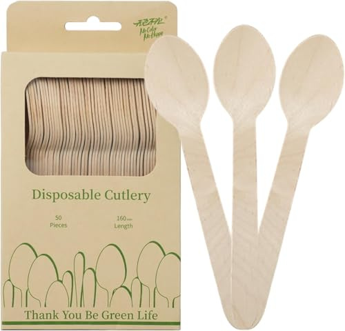 50 Pcs Disposable Wooden Spoons, 6.3 Inch Wood Spoons | Eco-friendly Biodegradable Compostable Spoons Wooden Cutlery for Camping Picnics Dinner Party Supplies
