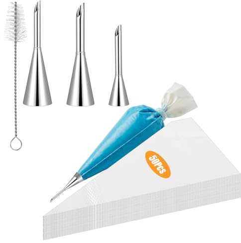 Cream Filling Piping Tip, 3 Pcs, Long Puff Nozzle Tips with 50 Disposable Pastry Piping Bags and Injector Tip Cleaning Brush for Donuts Cupcakes Cream Puffs Eclairs