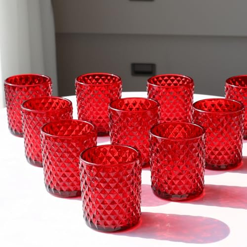 Juego de 12 portavelas de cristal rojo Vohocandle, portavelas de cristal, diseño de diamantes, color rojo