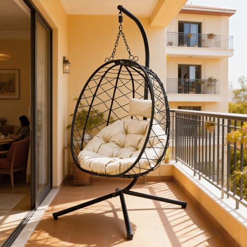 Hängesessel Outdoor mit Gestell, Polyrattan Schaukelsessel für Garten Balkon Terrasse, Hängesessel mit Kissen, Wetterfest Belastbar bis 120 kg für Indoor Outdoor Beige.