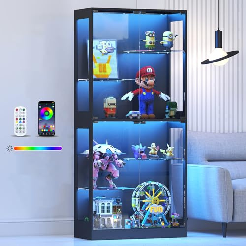Lamtor Glass Display Cabinet with LED Lights, App & Remote Control, Adjustable Shelves, Curio Cabinet for Collectables, Model Display Case Unit for Living Room, Black
