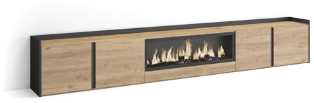Skraut Home | Mueble TV | Muebles de salón, almacenaje | 315x50x35 cm | para televisión hasta 80 | Chimenea eléctrica XXL | Estilo Moderno | Roble y Negro