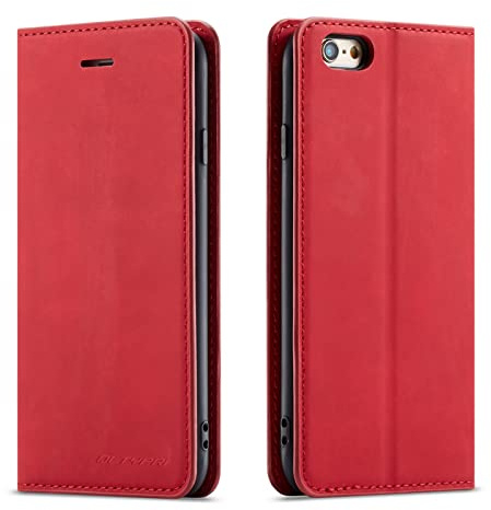 QLTYPRI Hülle für iPhone 6 iPhone 6S, Premium Dünne Ledertasche Handyhülle mit Kartenfach Ständer Flip Schutzhülle Kompatibel mit iPhone 6 iPhone 6S - Rot