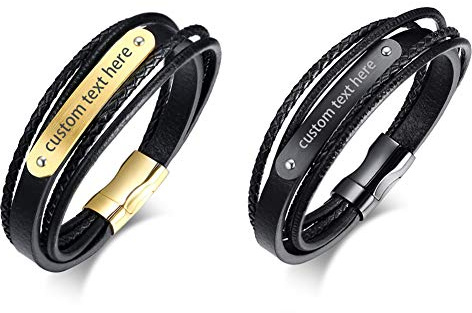 JewelryWe Schmuck Personalisiert Lederarmband mit Gravur, Handgemacht Geflochten Mehrreihiges Leder Armband Edelstahl Magnetverschluss Verstellbar Armreif Manschette für Herren Damen