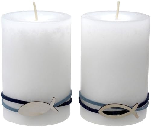 ZauberDeko Kerzen Stumpenkerzen Tischdeko Kommunion Konfirmation Weiß Blau Fisch 2 Stück