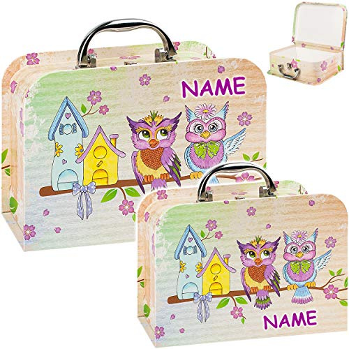 alles-meine.de GmbH Koffer/Kinderkoffer - GROß - lustige Eule & Blumen - incl. Name - 27 cm - ideal für Spielzeug und als Geldgeschenk - Mädchen & Jungen - Pappkoffer - Puppenk..