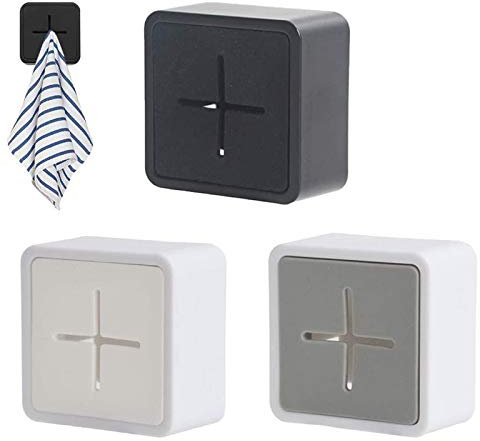 Tea Towel Holder, Premium Silicone Self Adhesive Towel Hooks Anti Collision Square Wall Mount Towel Holders for Bathrooms Kitchen Set of 3 (White, Gray, Black)