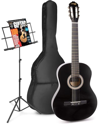 MAX SoloArt akustische Gitarre mit Tasche und Notenständer, Stimmgerät, Plektrum, Gurt und Zubehör - Spanische Akustik-Gitarre für Anfänger, Konzertgitarre in Schwarz