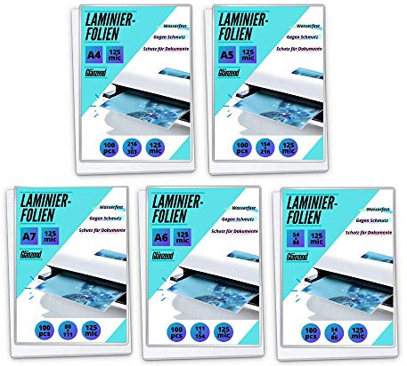 MK PREMIUM Laminierfolien-Set 5x100 Stück - 125 mic A4/A5/A6/A7/54x86 mm - Laminierfolien Starterset