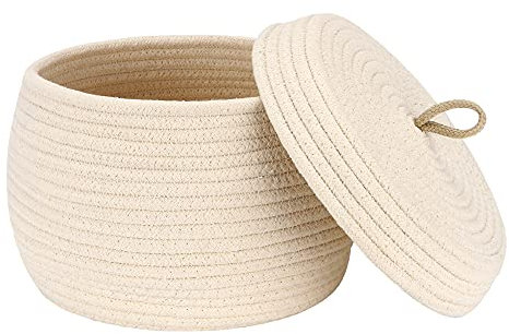 Sea Team Panier de rangement élégant en cordon de coton rond avec couvercle Organiseur multifonctionnel pour collations, serviettes, etc. - Idéal pour votre maison, 10 x 7,5 pouces.