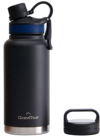 GrandTies 2 Deckel Sport Edelstahl Wasserflasche,900 ml, Wiederverwendbare Wide Mouth Vakuumisolierte Wasserflaschen, kälteste Wasserflasche für Männer und Frauen,Mitternachtsschwarz