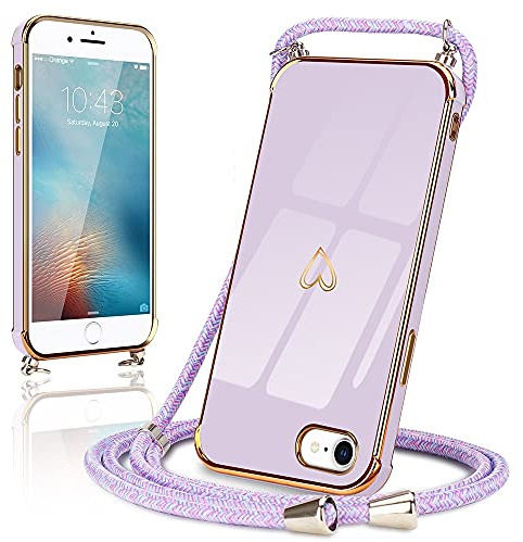 Micoden Handykette für iPhone 7/8/SE 2020/SE 2022 Hülle Necklace mit Band | Kameraschutz Handyhülle Herz Design Galvanik Dünn Silikon Case Bumper Kordel zum Umhängen Stoßfeste Schutzhülle, Lila